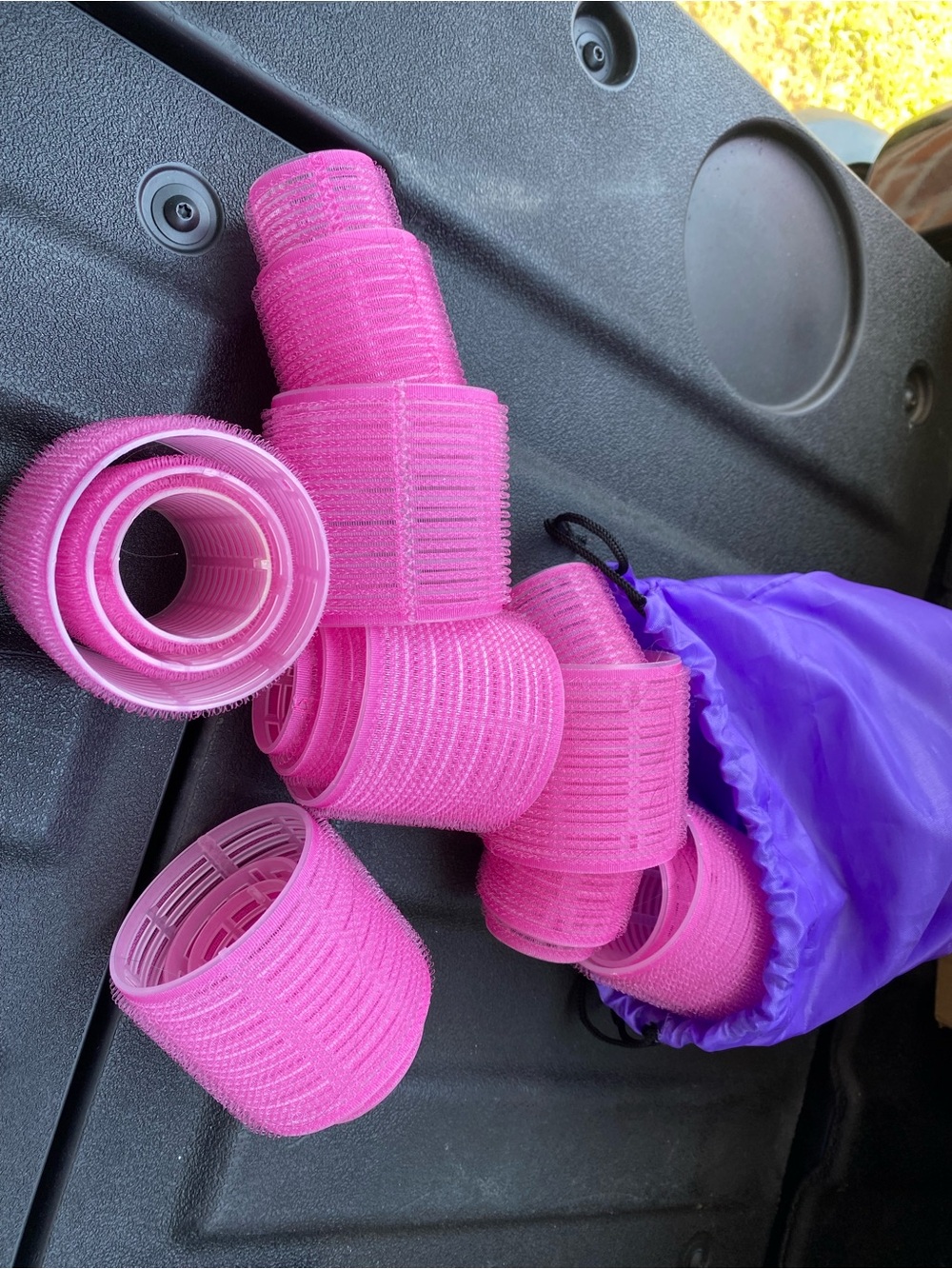 Set of Pink Velcro Hair Rollers with Purple Drawstring Bag